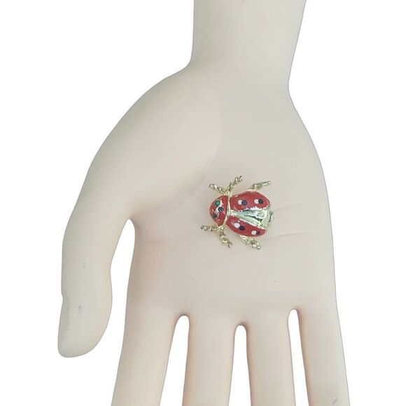 Vintage Red Ladybug Brooch Pin 1" Gold Tone Polka Dot Enamel Cute - Picture 2 of 8